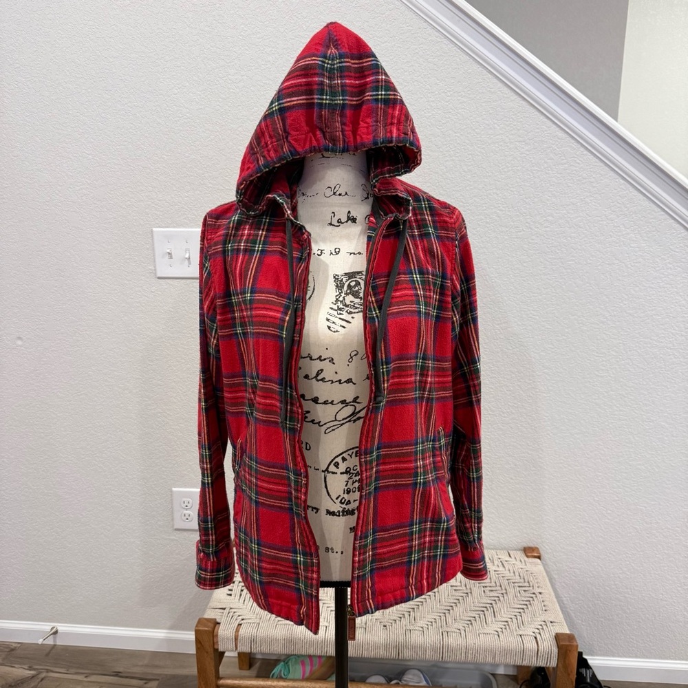 L.L. Bean Red Plaid Zip-Up Flannel Hoodie